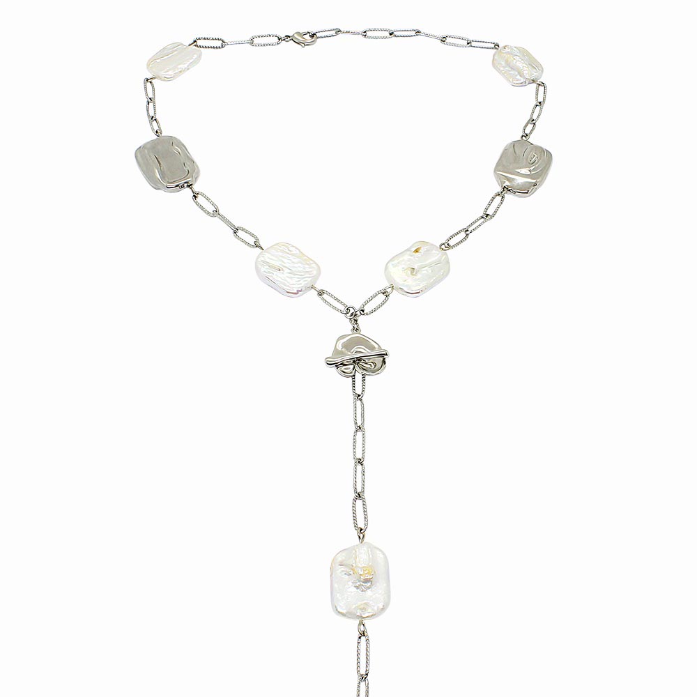 Leora freshwater pearl body chain necklace toggle clasp close up on white background
