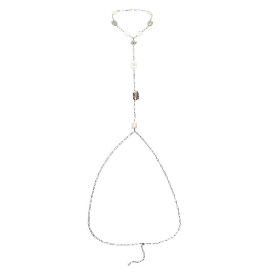 Leora freshwater pearl body chain necklace white background