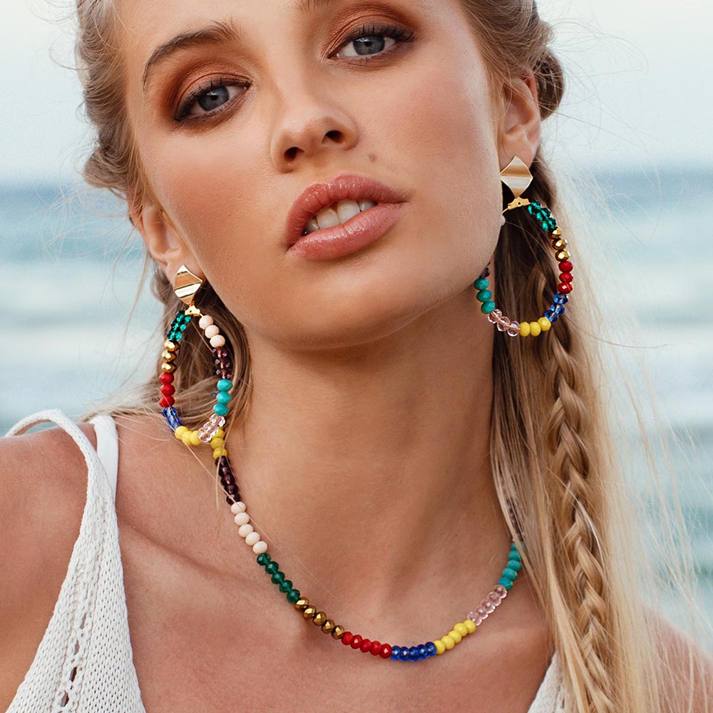 Millie rainbow beaded necklace and earrings, front view