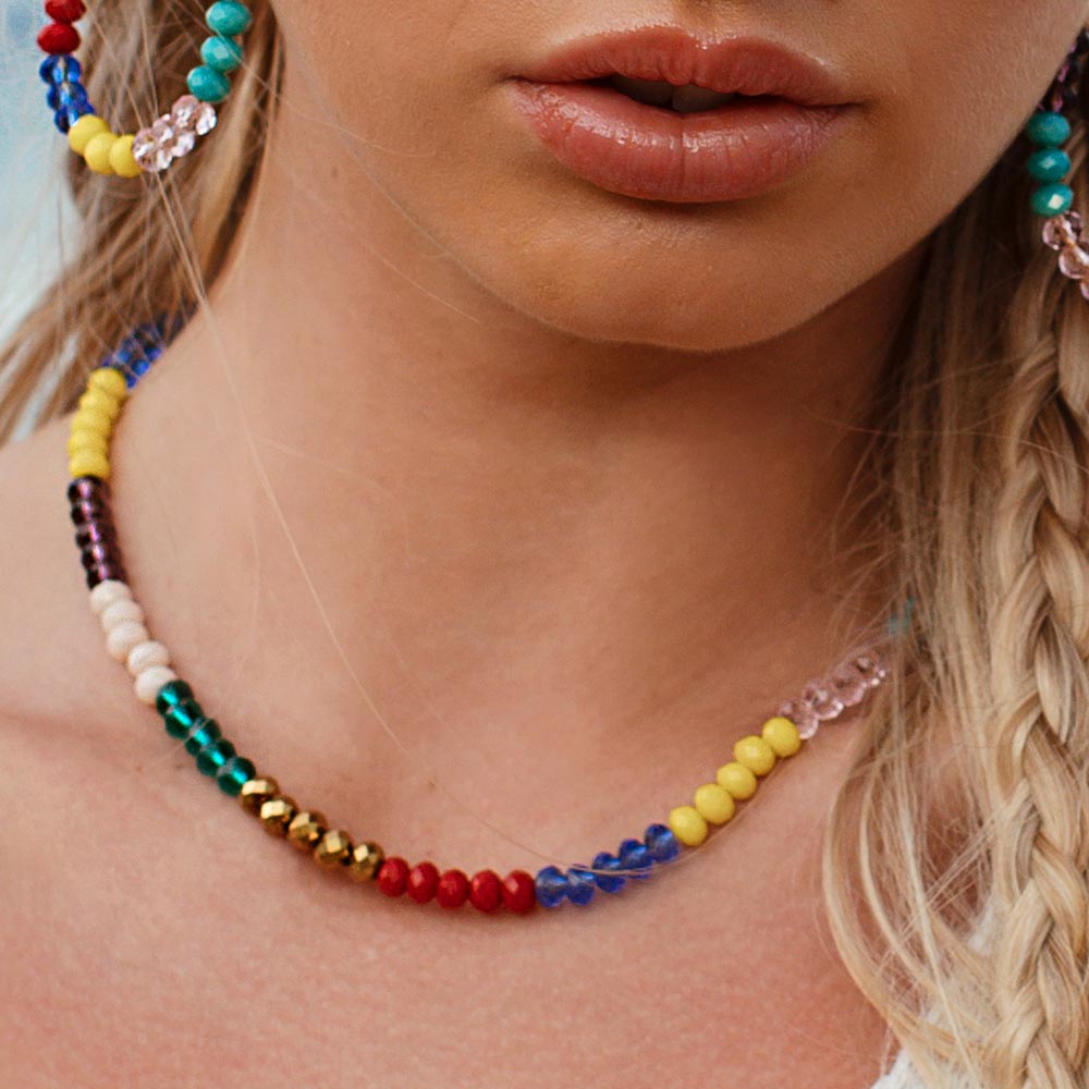 Millie rainbow beaded necklace, front close up.