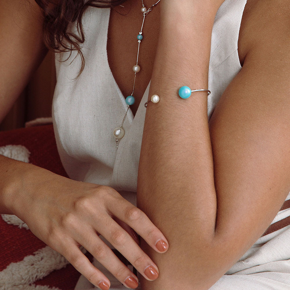 Nerina double pearl cuff bracelet white and blue pearl with silver on left arm up