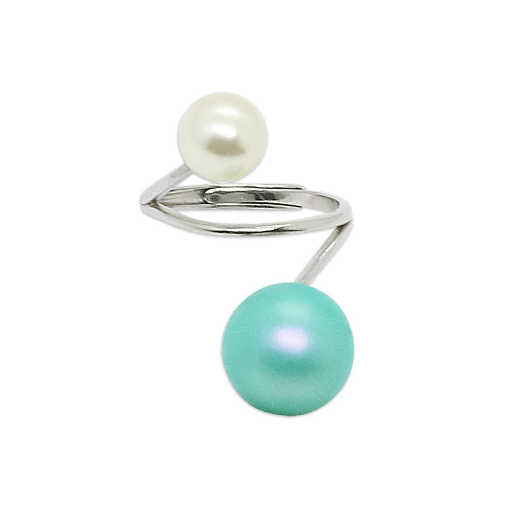 Nerina double pearl wrap ring white and blue pearl with silver band on white background