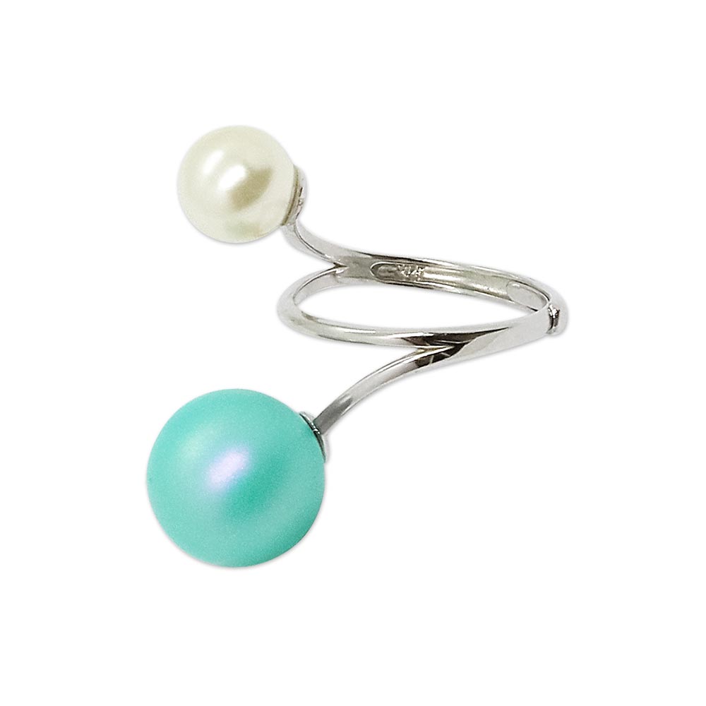 Silver ring with a white pearl and a turquoise bead on a white background