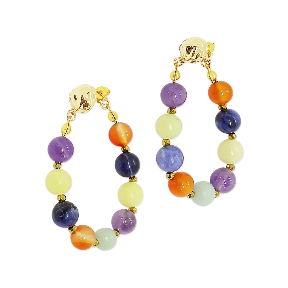 Soleil multi colour stone hoop earrings angled view on white background