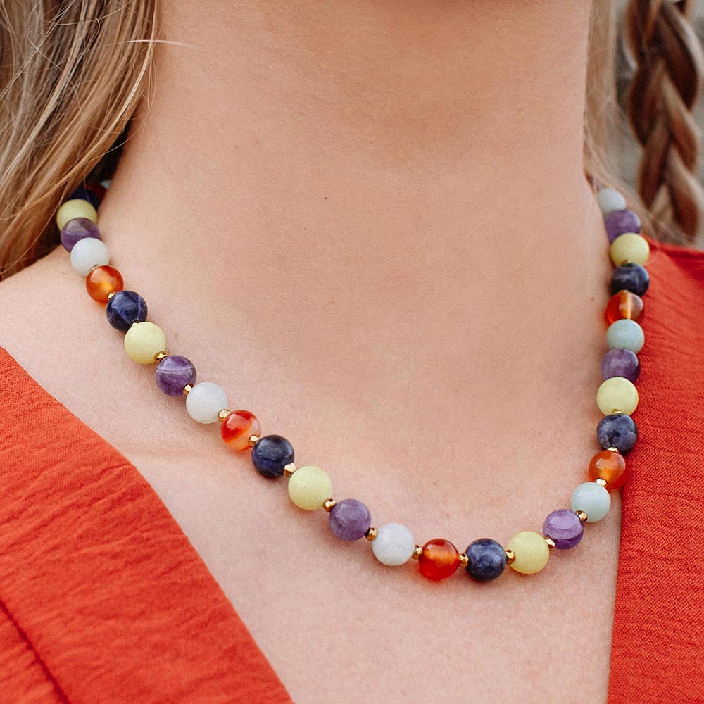 Soleil mutli stone necklace close up on neck