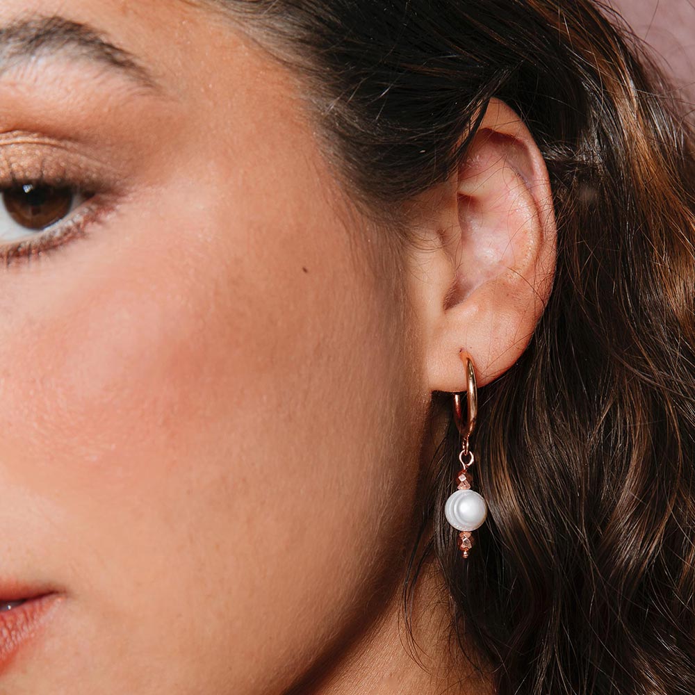 Tarni freshwater pearl rose gold hoop earrings left side close up