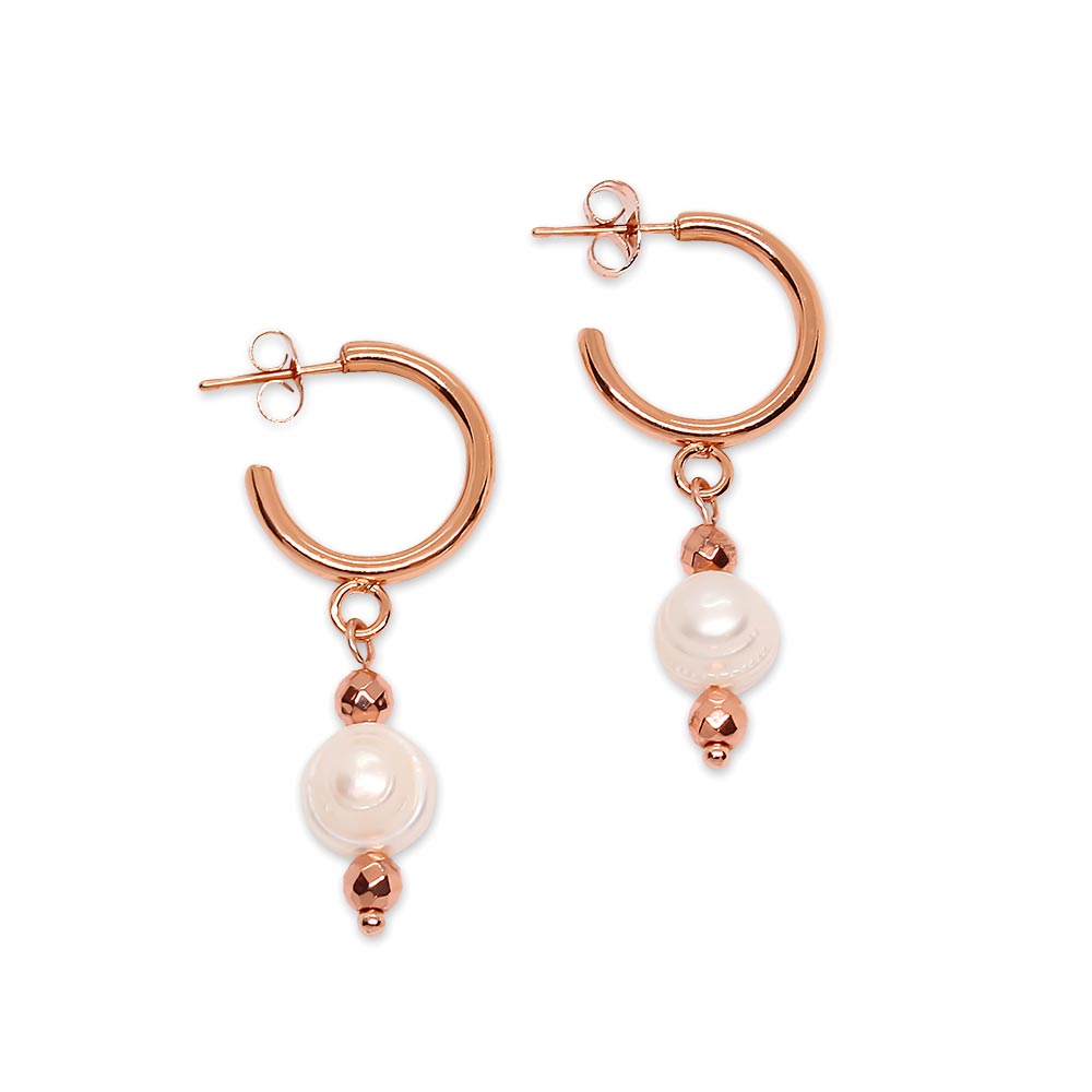 Tarni freshwater pearl rose gold hoop earrings on white background