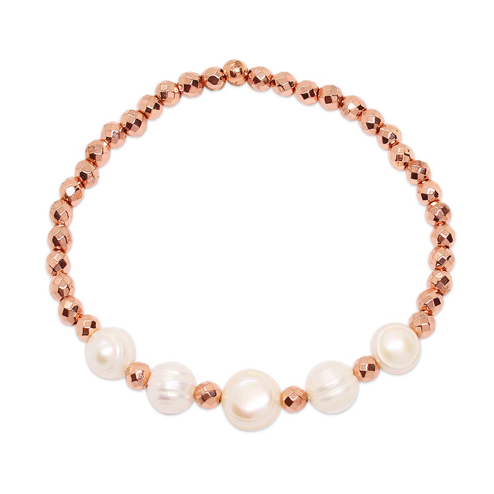 Tarni pearl and rose gold initial bracelet set single style three on white background