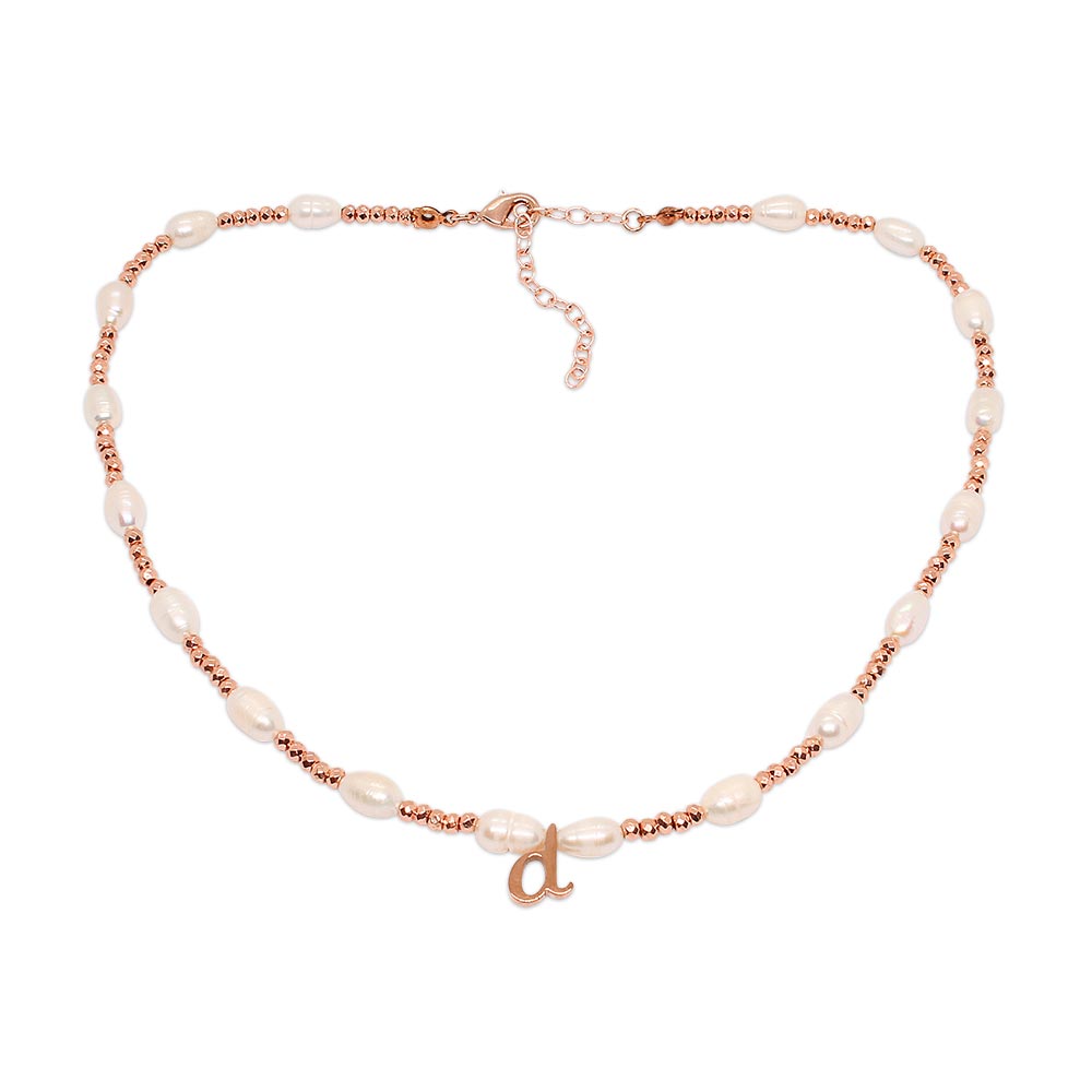 Tarni personalised rose gold and pearl initial necklace with d initial on white background
