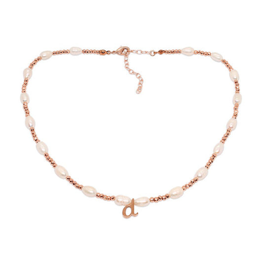 Tarni personalised rose gold and pearl initial necklace with d initial on white background
