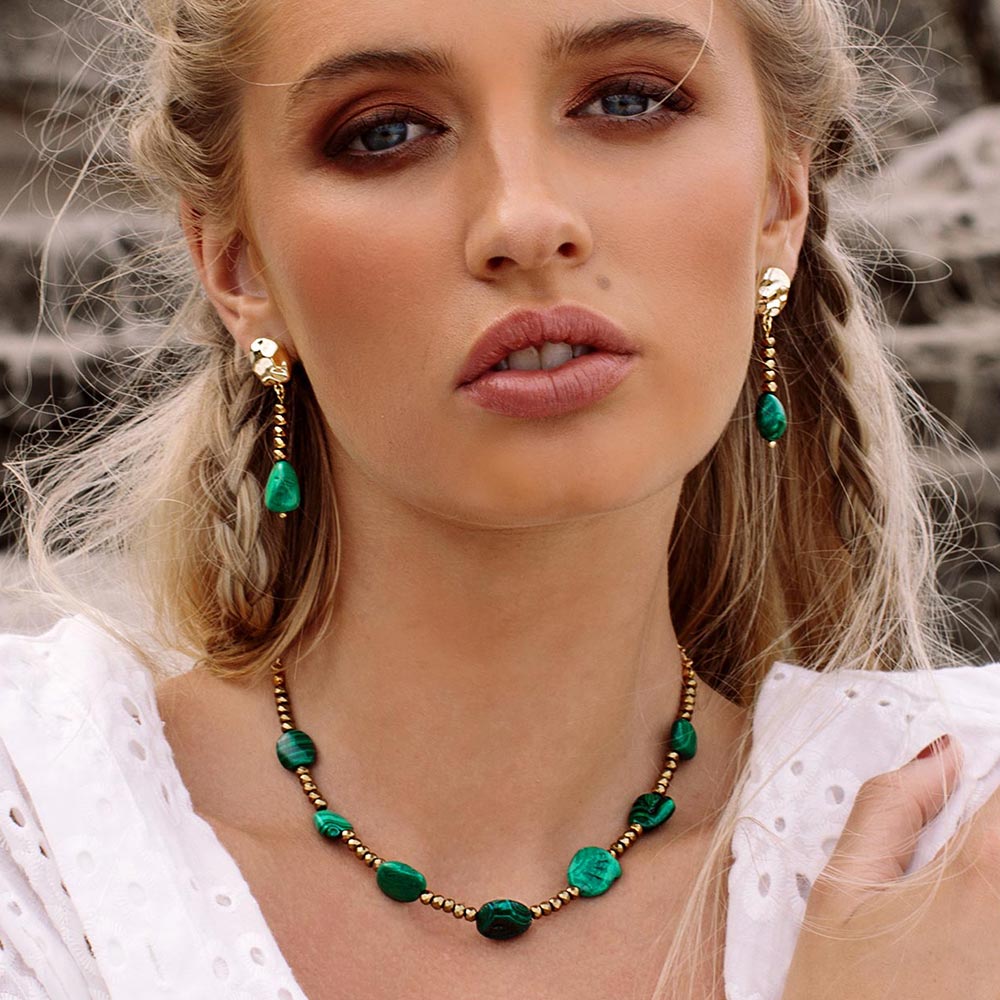 Ursa malachite stone and gold necklace and earrings front view