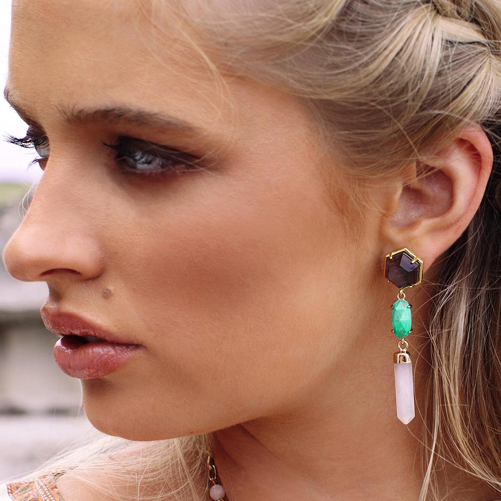 Wylda amethyst turquoise and rose quartz drop earrings close up left side