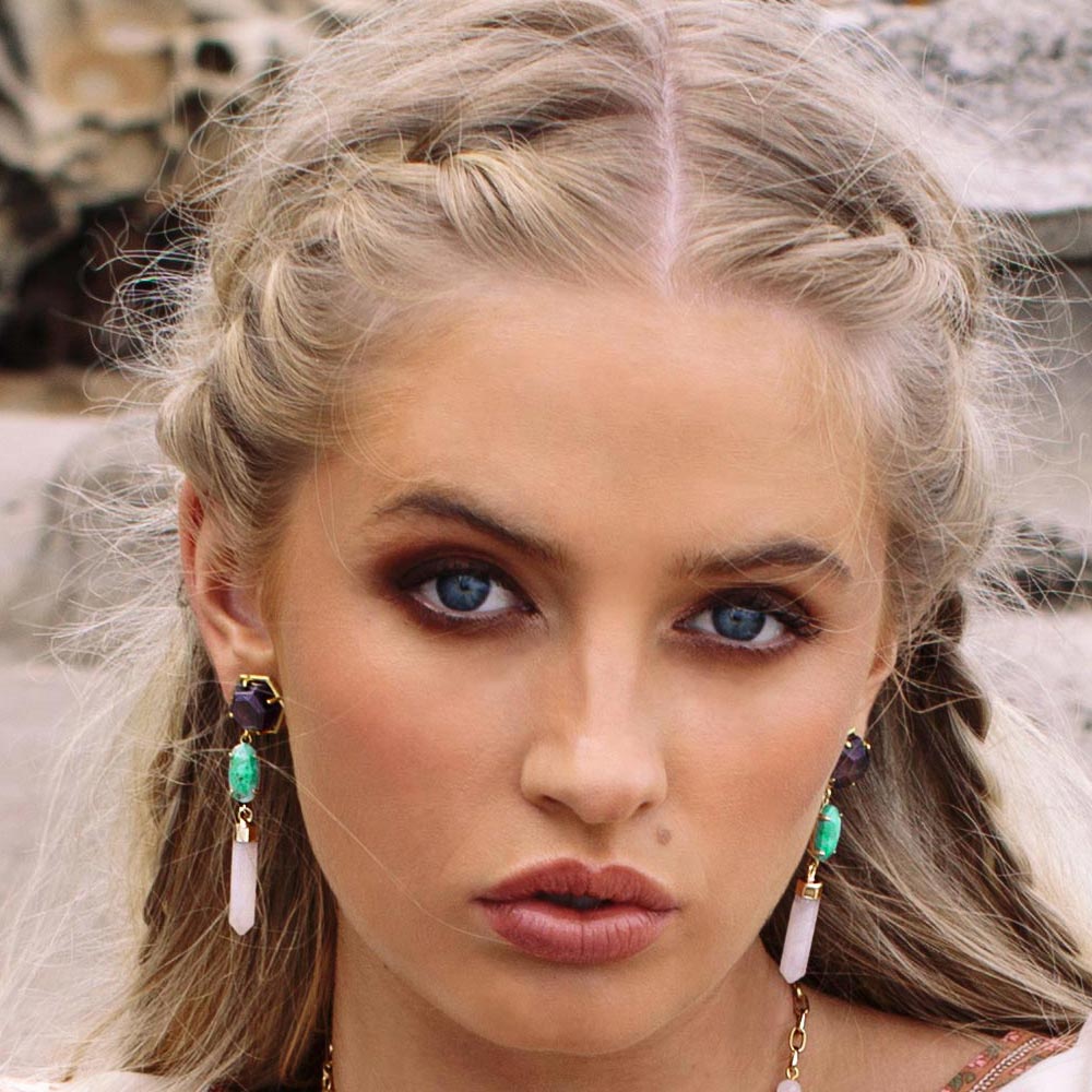 Wylda amethyst turquoise and rose quartz drop earrings pair, front view