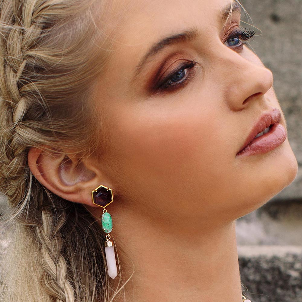 Wylda amethyst turquoise and rose quartz drop earrings right side