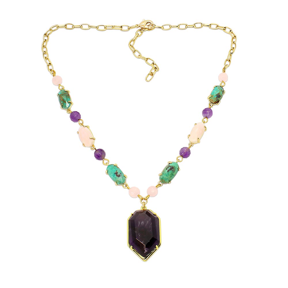 Wylda bohemian multi stone necklace made with turquoise, amethyst, rose quartz and gold on white background