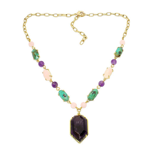 Wylda bohemian multi stone necklace made with turquoise, amethyst, rose quartz and gold on white background