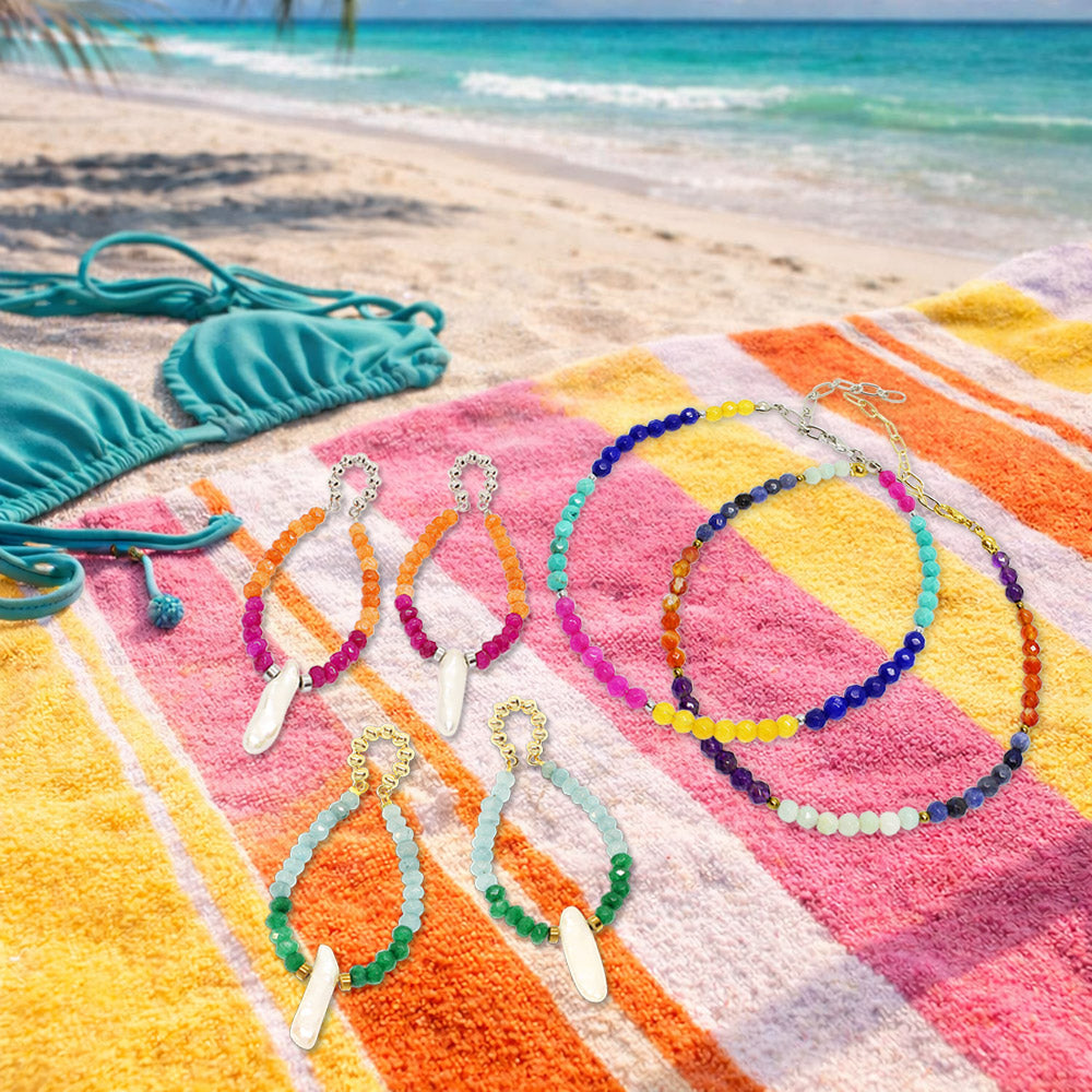 Endless Summer bundle Halley earrings and Ashnikko anklets on beach towel and bikini