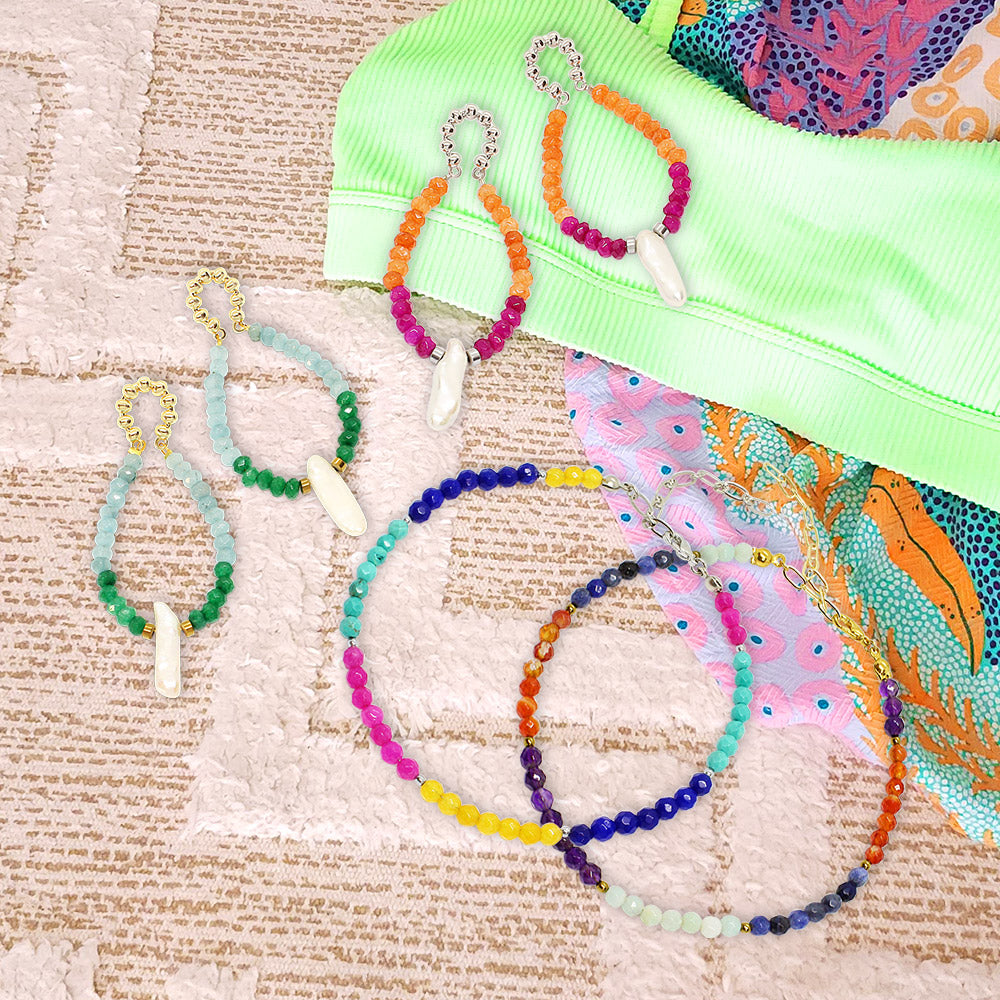 Endless Summer bundle Halley earrings and Ashnikko anklets with bright Summer beachwear