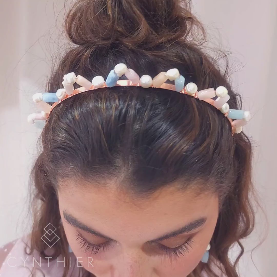 Aimee natural multi-stone crown headband and earrings, woman looking down and lifting her head up.