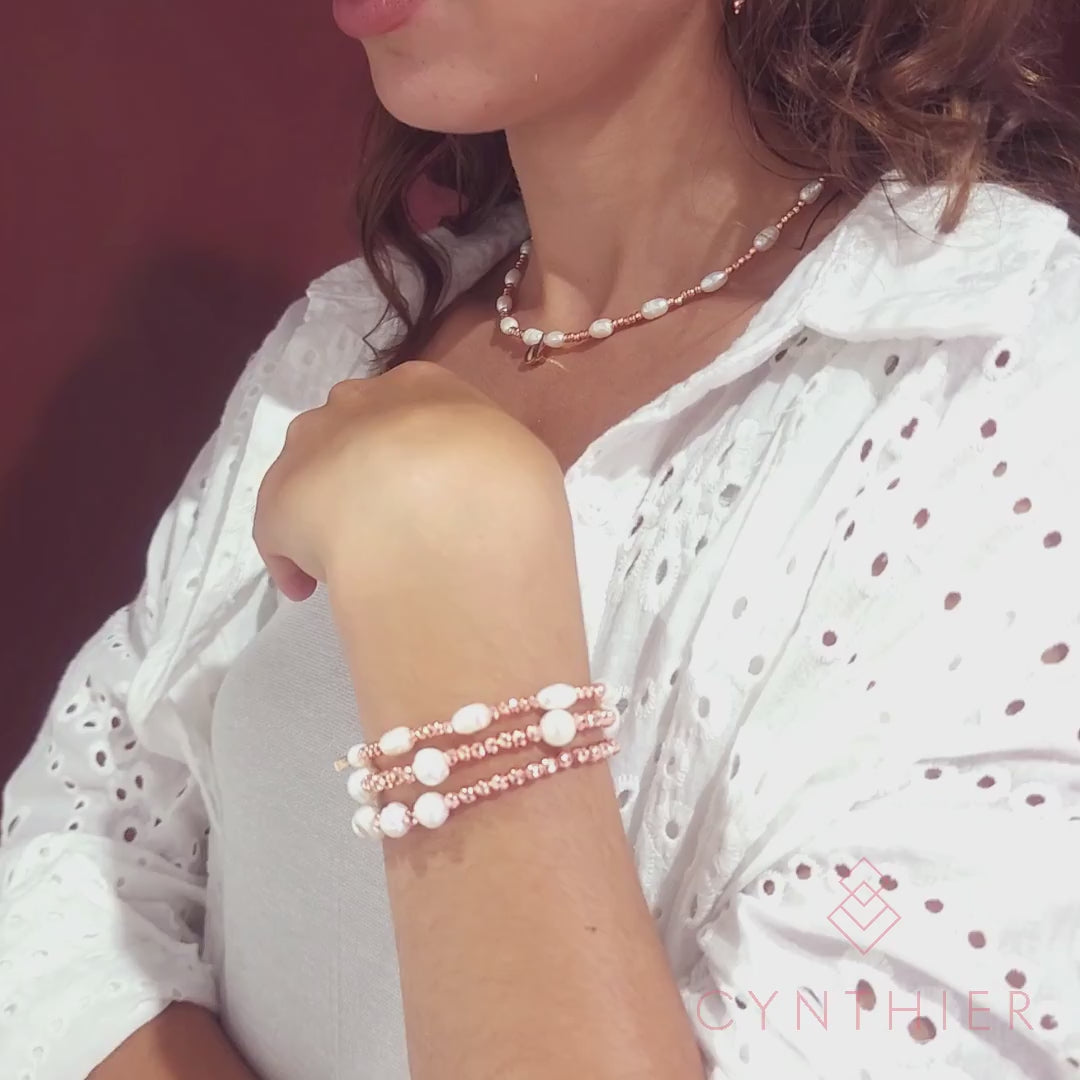Tarni personalised rose gold and pearl initial necklace, bracelet set and earrings.