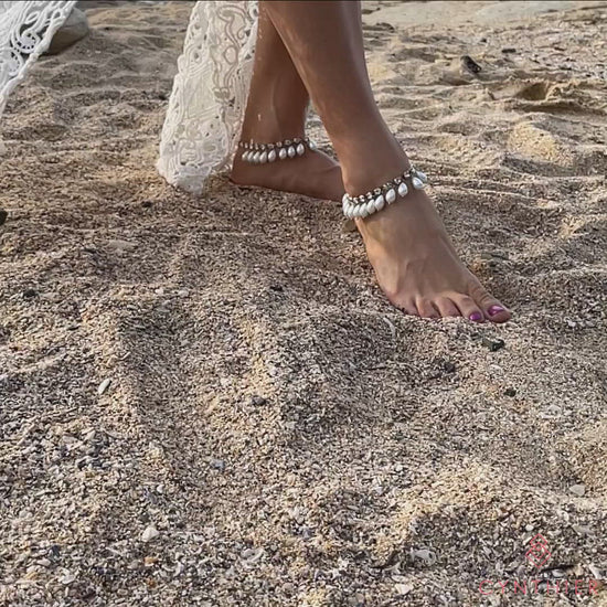 Khaleesi bridal pearl anklets, beach bride dancing on the sand.