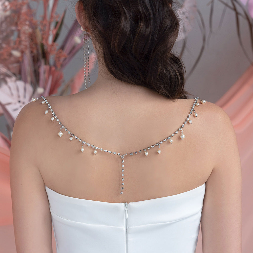 Alexi pearl necklace with strapless wedding dress backview