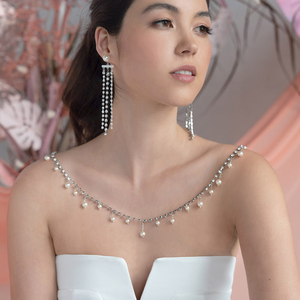 Alexi pearl necklace with strapless wedding dress front view