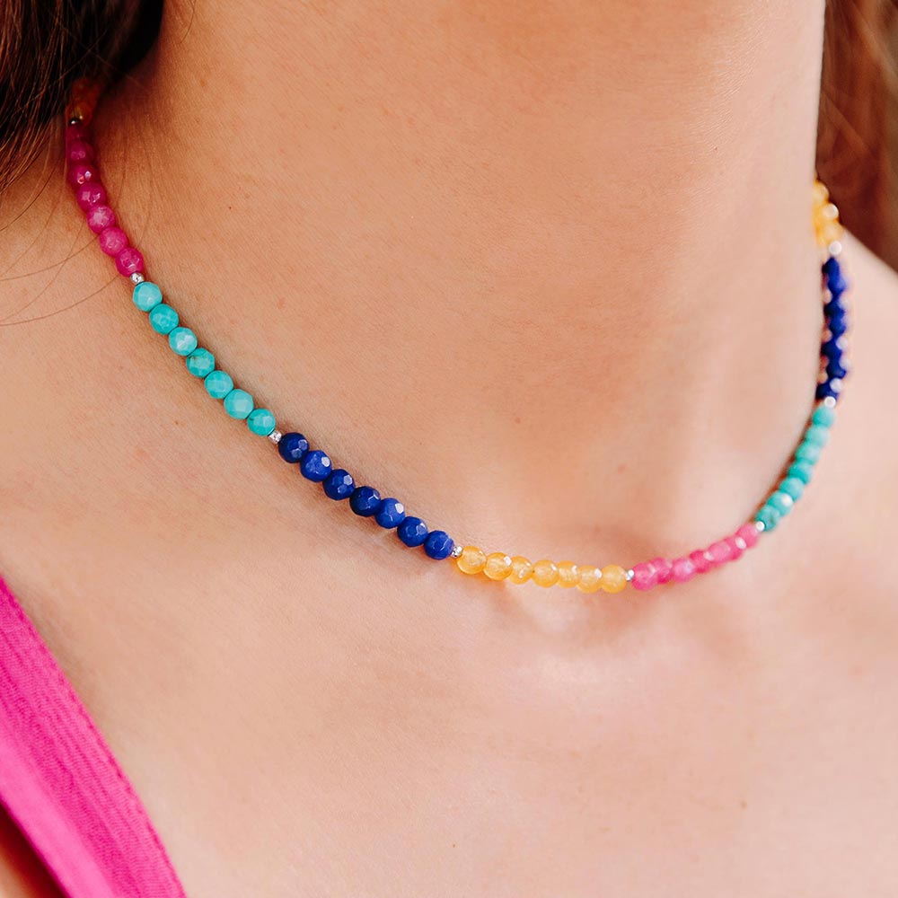 Ashnikko multi colour stone beaded necklace bright colours close up on neck