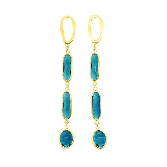 Azaria long crystal gold earrings, long teal crystal earrings