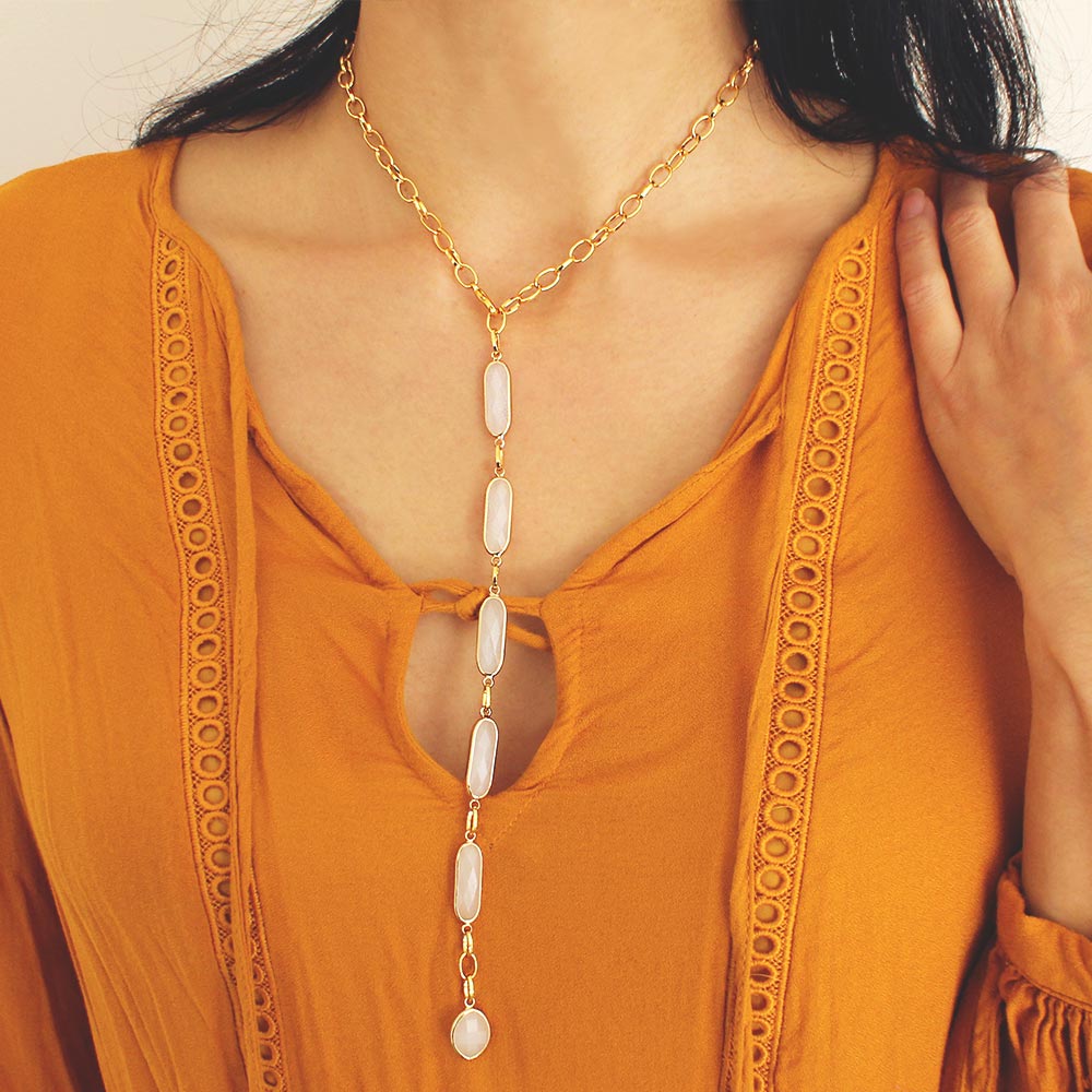 Azaria multiway necklace, white crystal gold choke lariat necklace worn with mustard boho blouse.