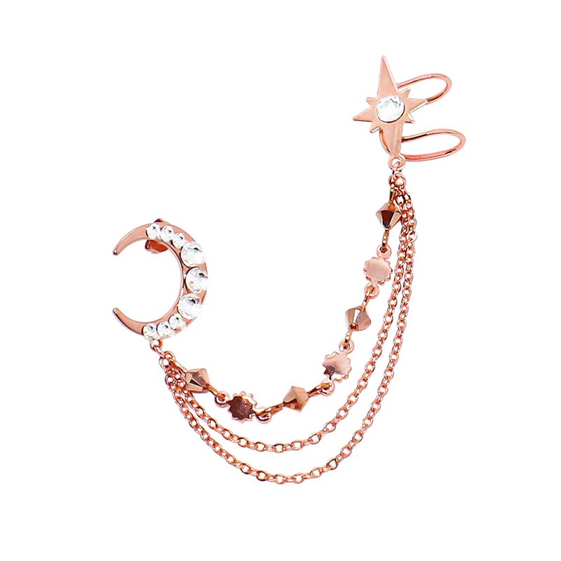 Callista moon and star ear cuff, rose gold ear cuff on white background