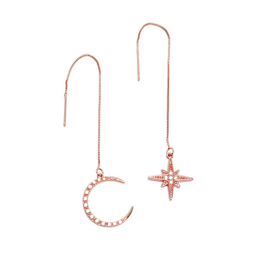 Callista moon and star earrings rose gold threader earrings white background