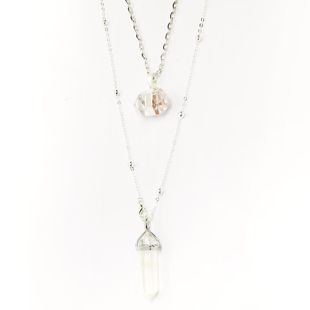 Chakra stone pendant necklaces for layering crystal quartz and silver close up