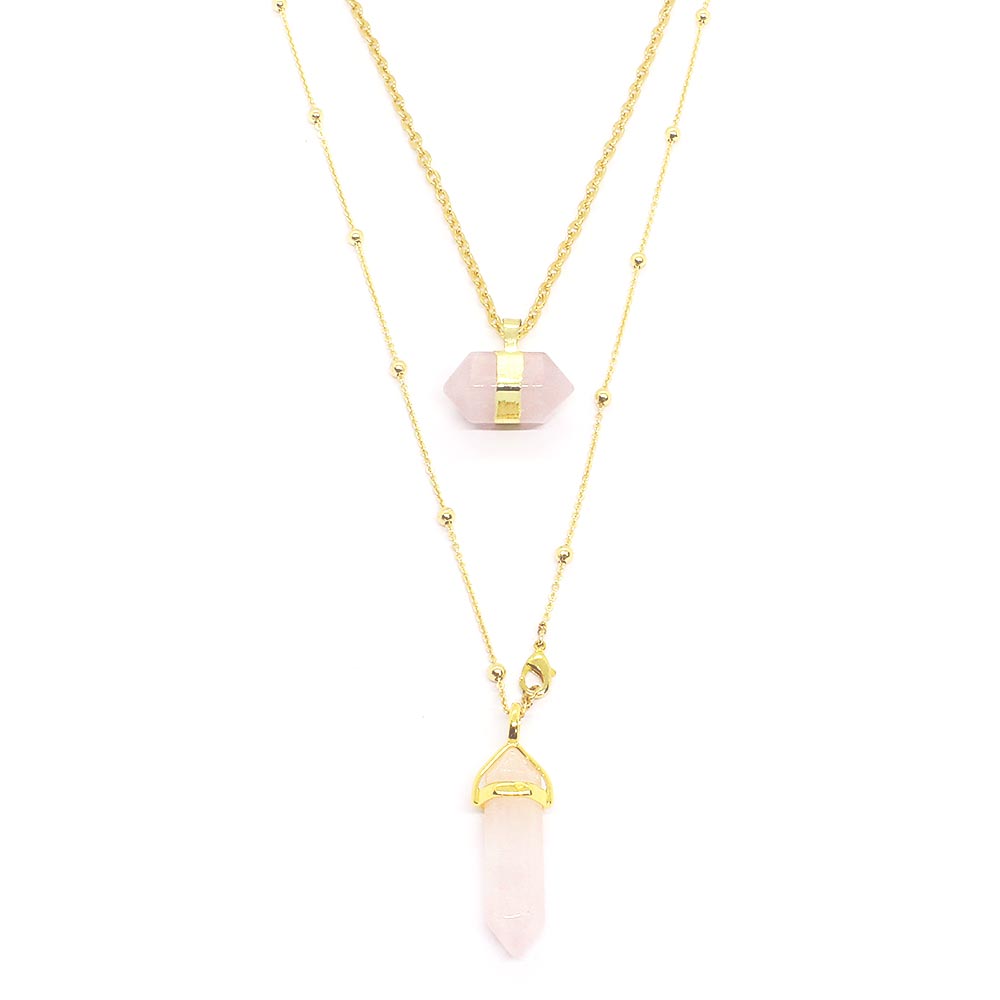 Chakra stone pendant necklaces for layering pink rose quartz and gold close up