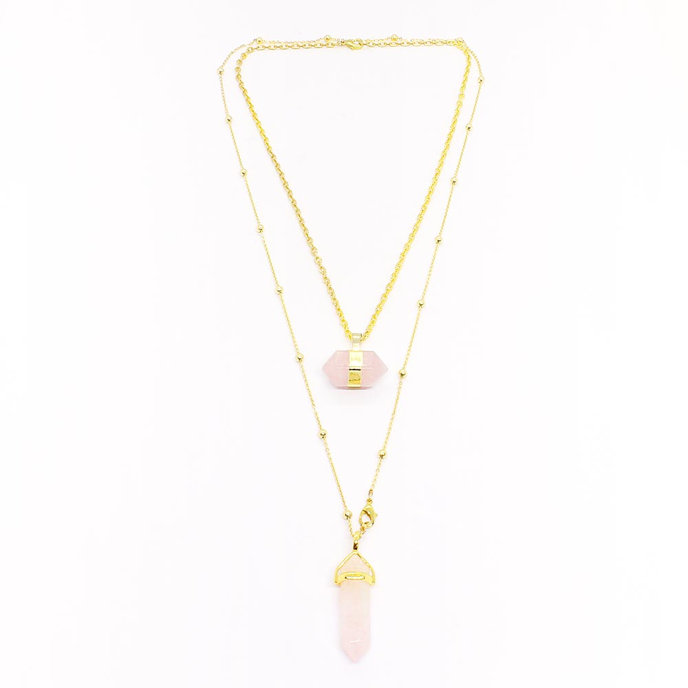 Chakra stone pendant necklaces for layering pink rose quartz and gold