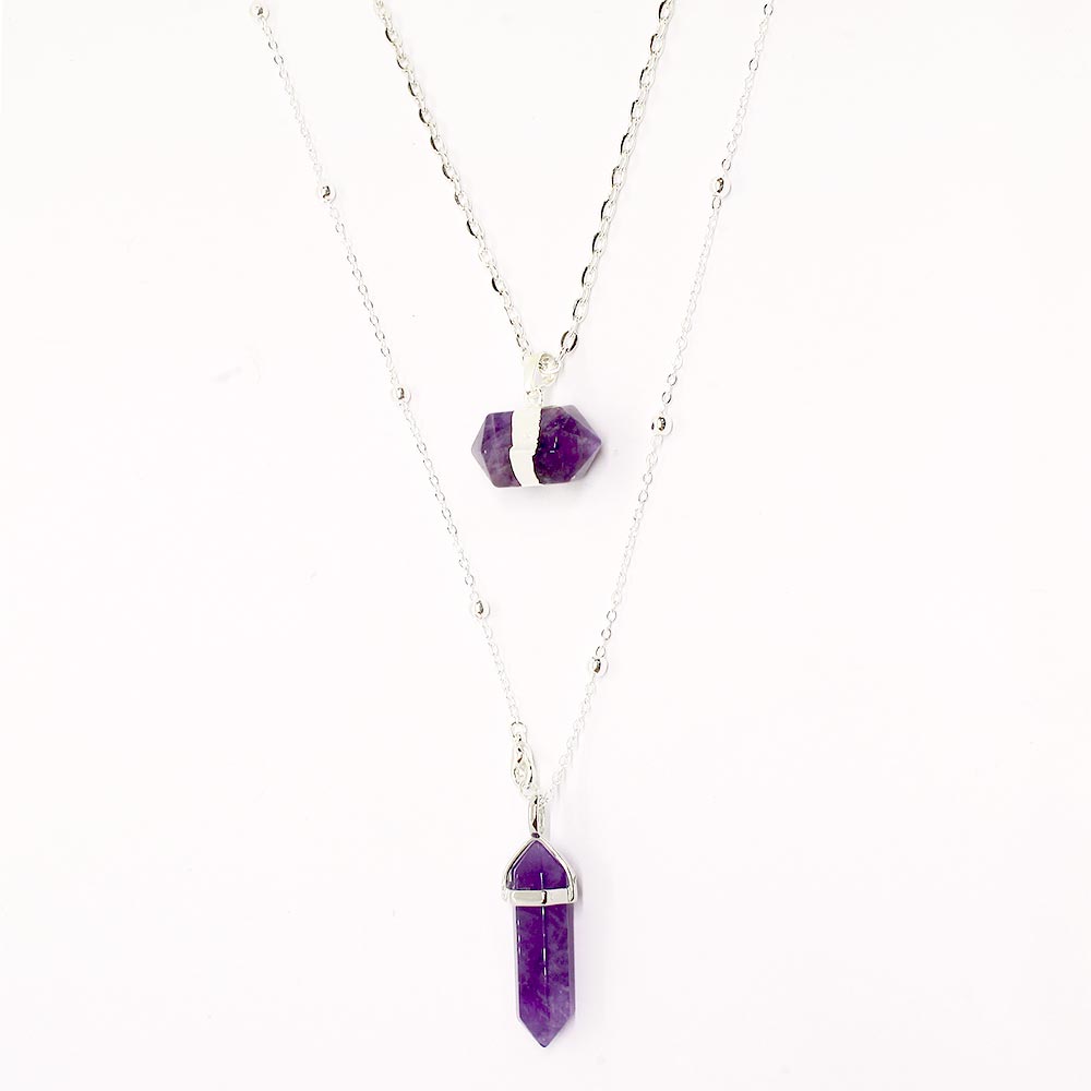 Chakra stone pendant necklaces for layering purple amethyst and silver close up