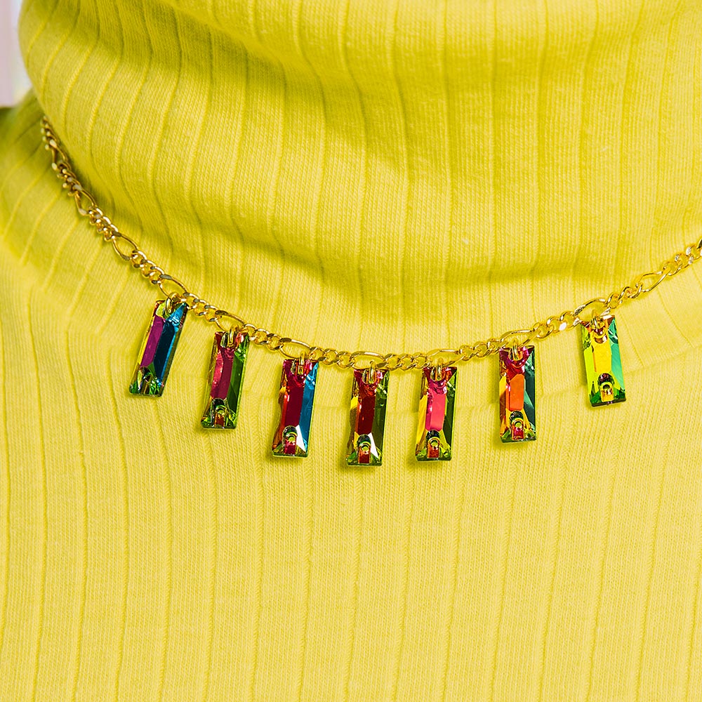 Dylan rectangle crystal necklace rainbow and gold close up