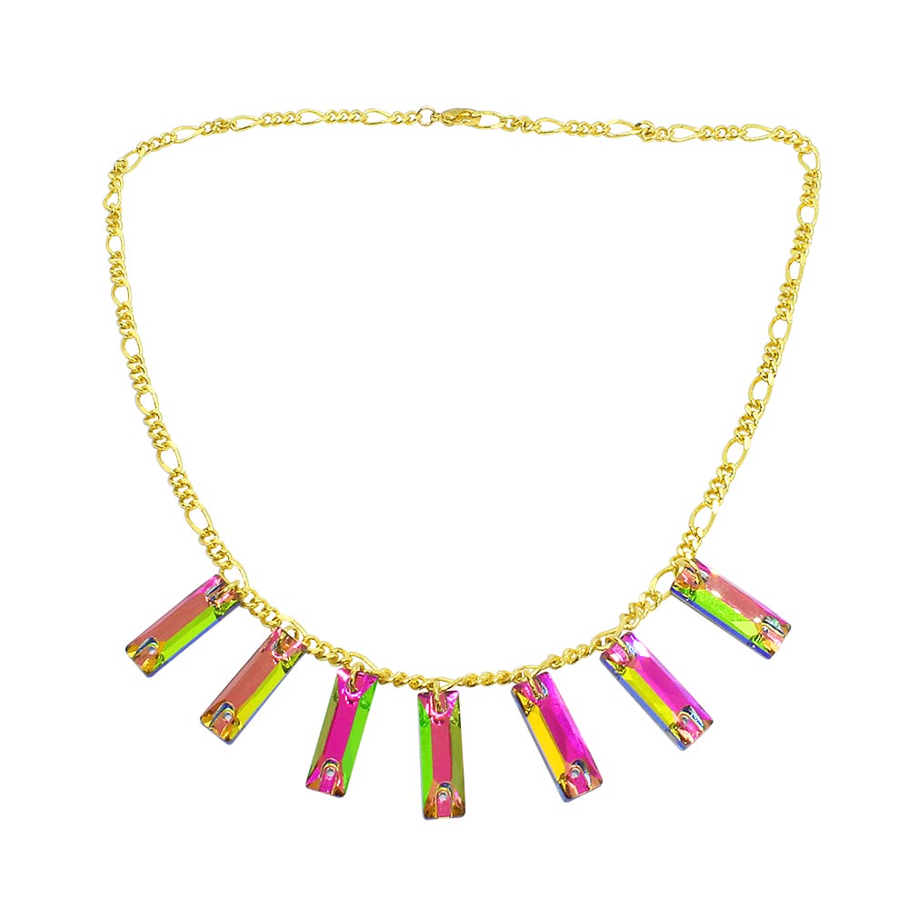 Dylan rectangle crystal necklace rainbow crystals with gold chain.