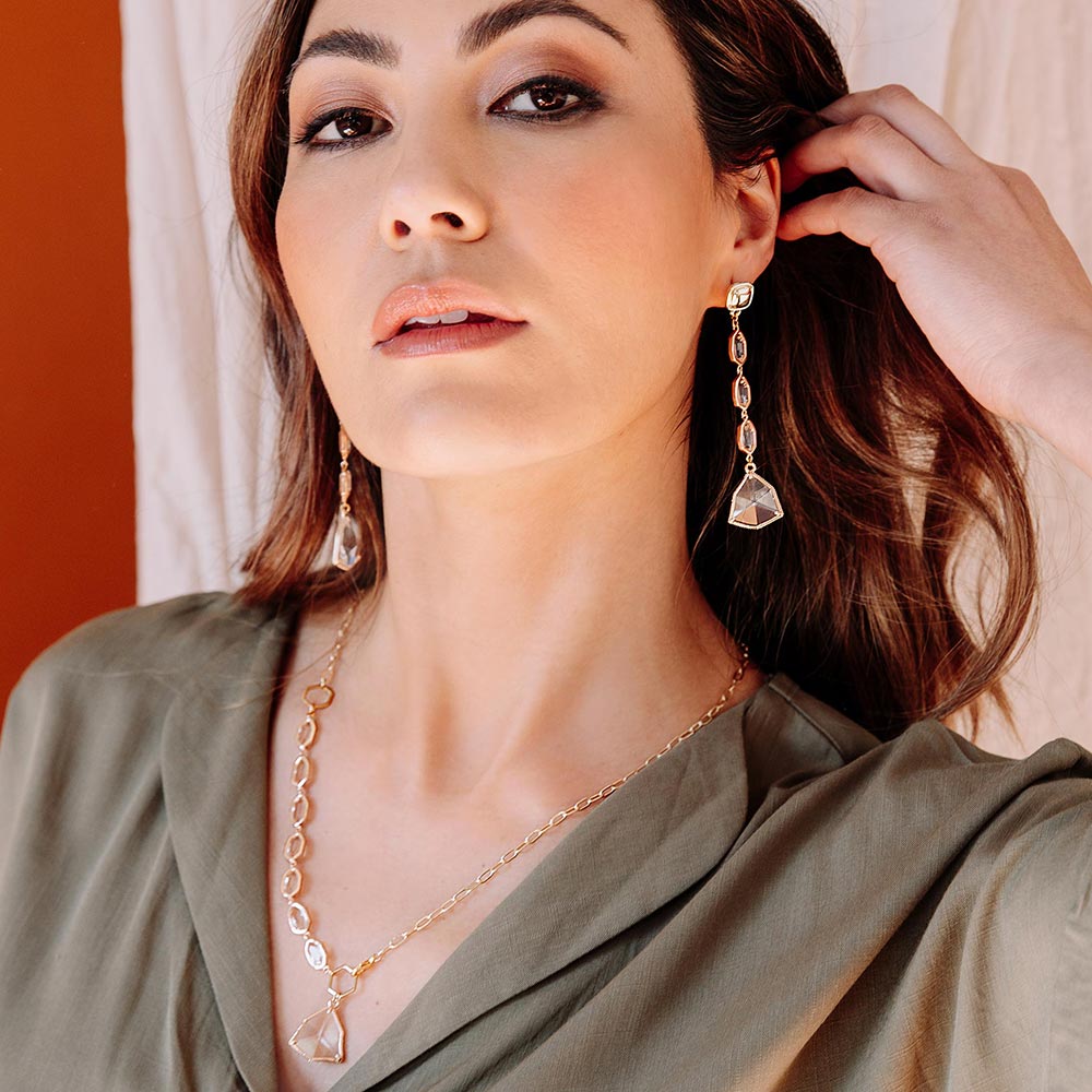 Faven crystal and gold two way necklace classic style worn with earrings in casual look