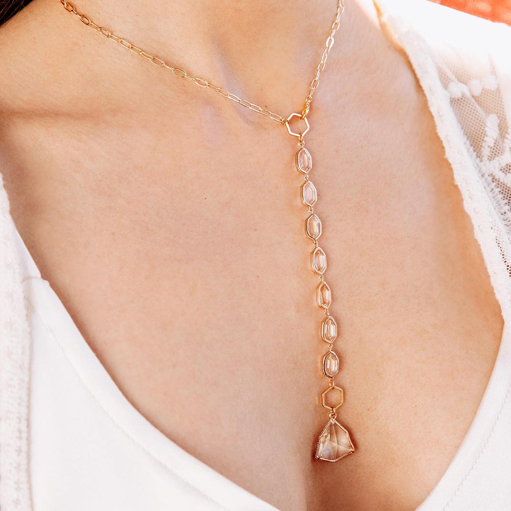 Faven crystal and gold two way necklace worn as choker Y necklace close up, bridal style