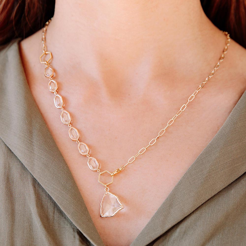 Faven crystal and gold two way necklace classic style close up casual look with V neck top