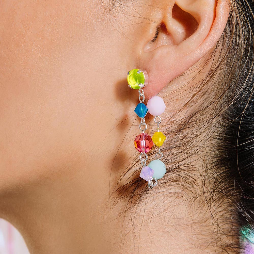 Gelato pastel colour crystal earrings worn loop up close up on left ear