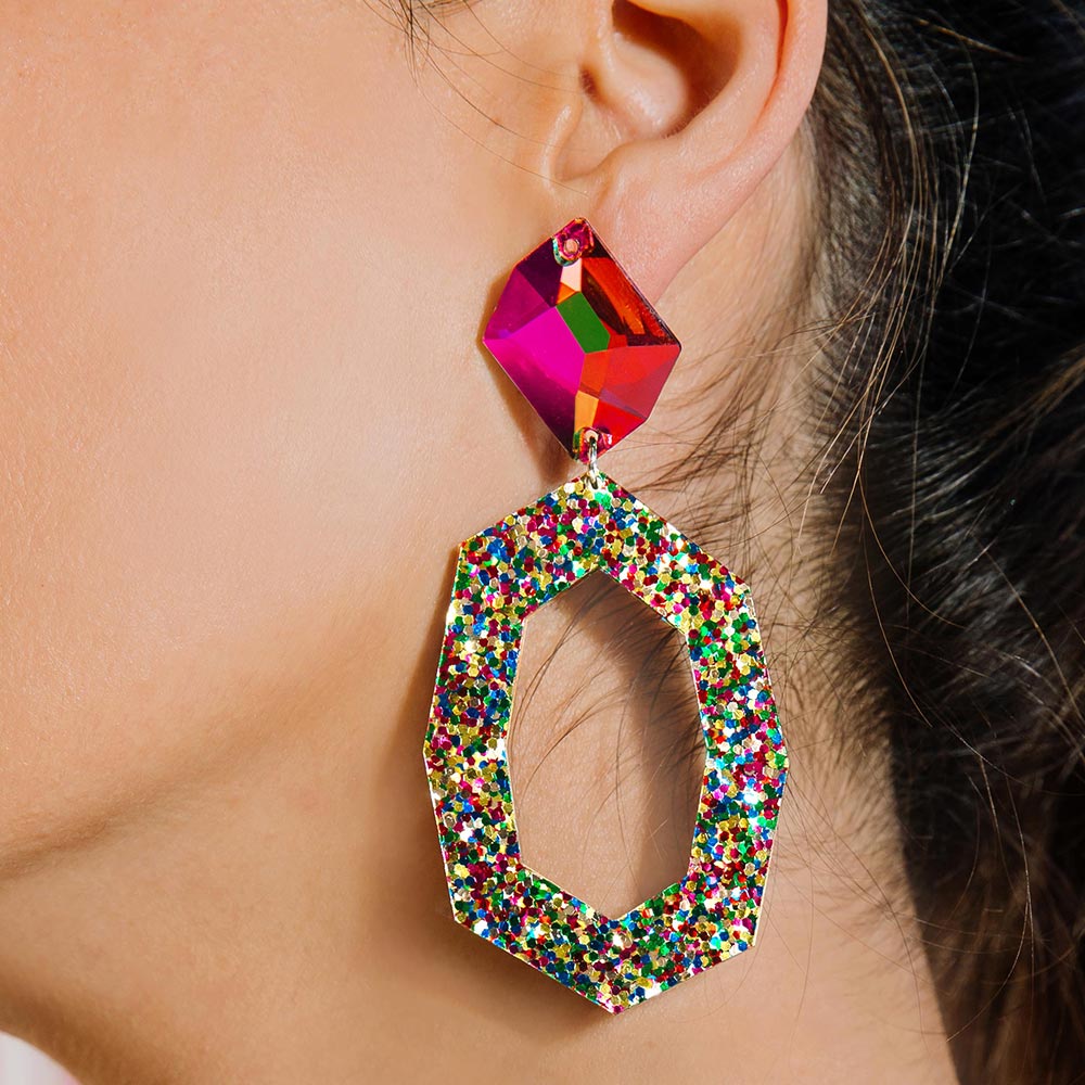 Jaci crystal and glitter earrings rainbow left side close up