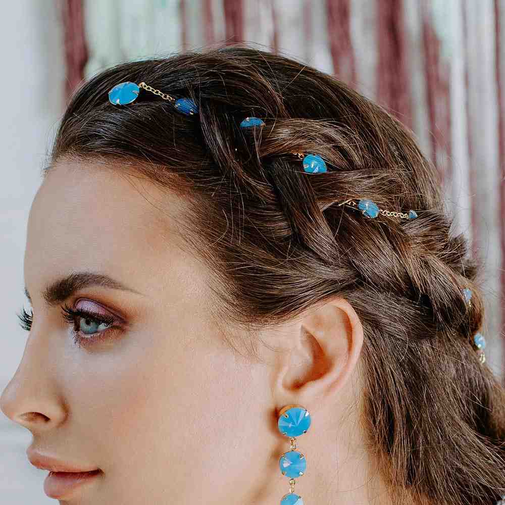Kelsey Crystal Hair Chain in Blue side view