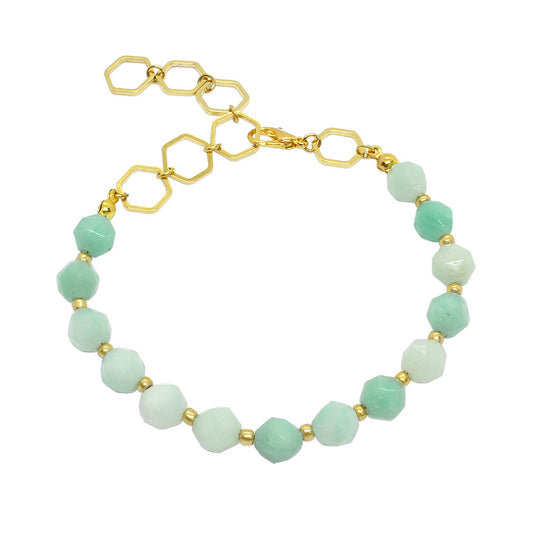 Kiana hexagon stone bead bracelet, amazonite bracelet with gold on white background