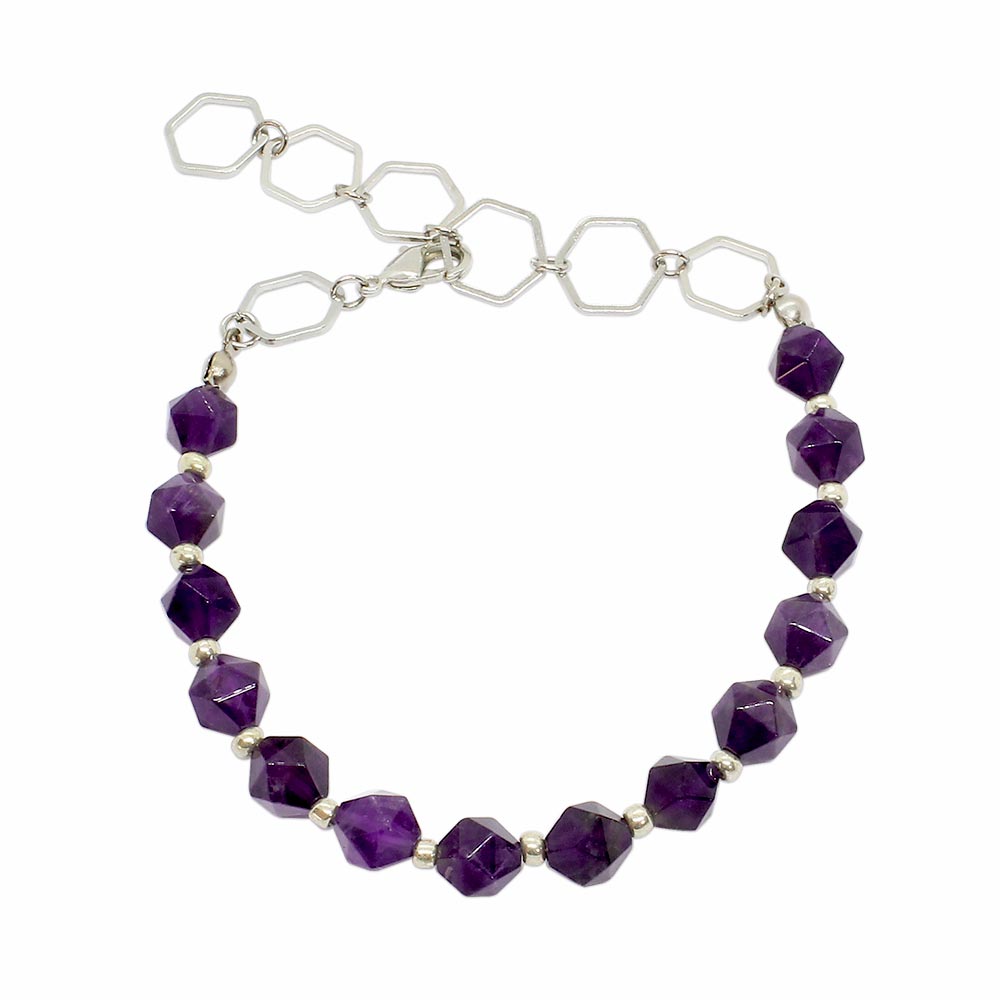 Kiana hexagon stone bead bracelet, amethyst bracelet with silver on white background