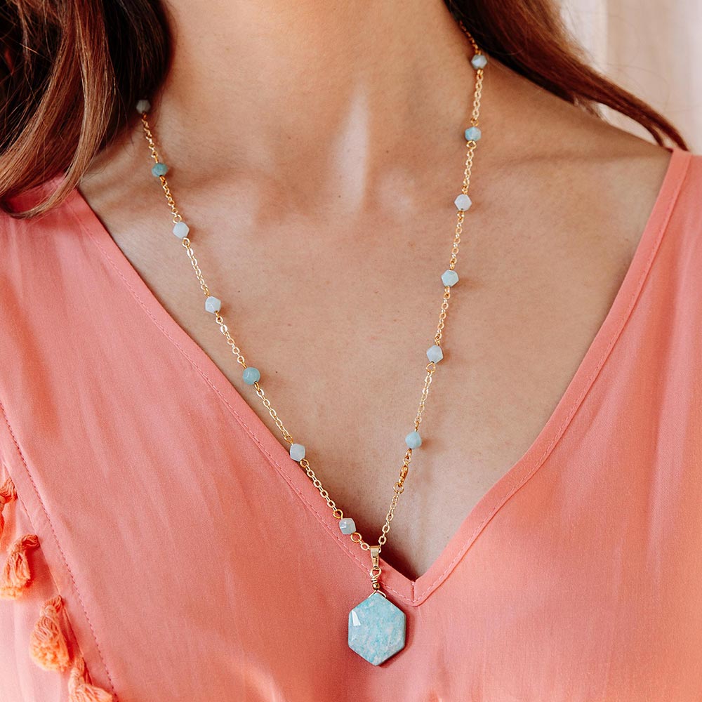Kiana hexagon stone necklace amazonite necklace close up front