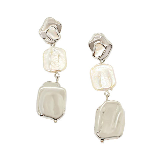 Leora freeform silver and pearl earrings on white background
