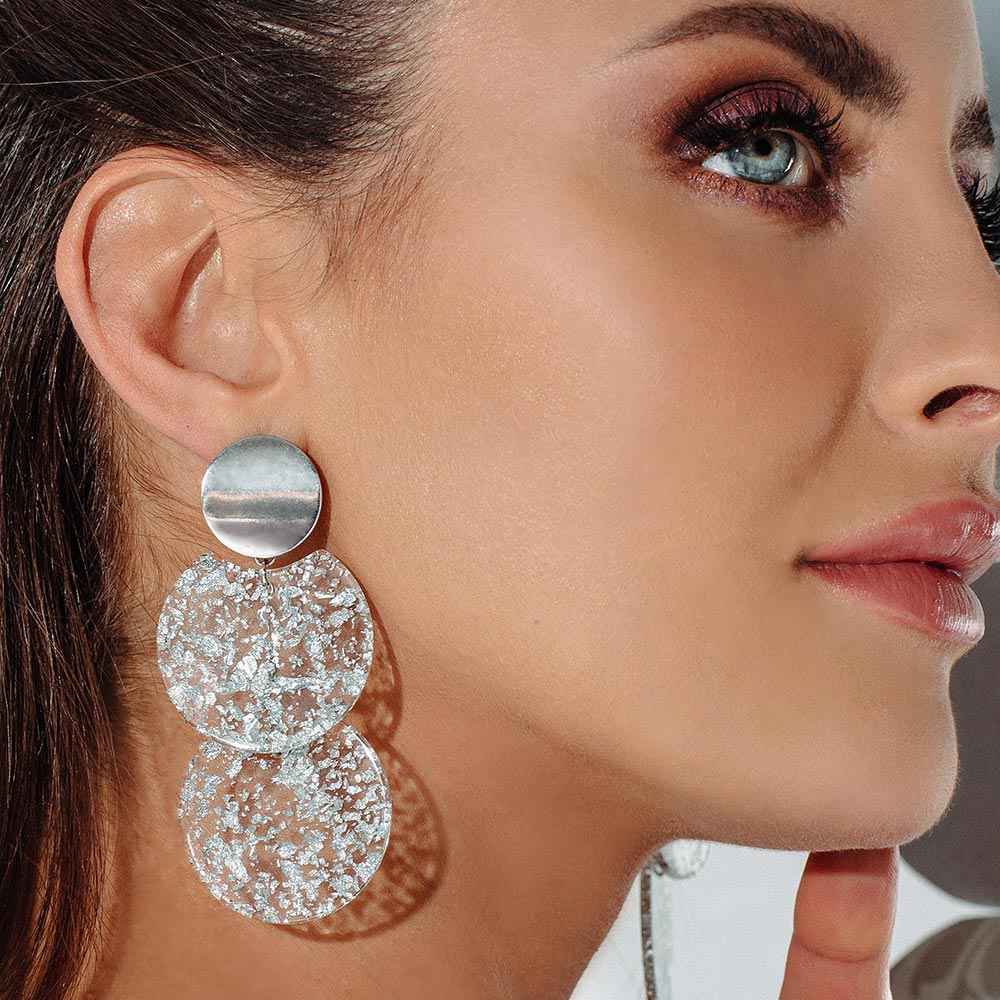 Leya disc dangle earrings Silver on right ear side