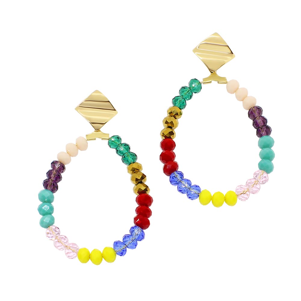 Millie rainbow beaded hoop earrings on white background